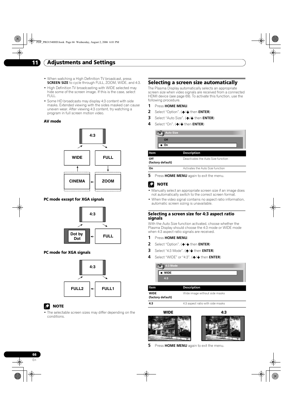 Selecting a screen size automatically, Adjustments and settings 11 | Pioneer PRO-940HD User Manual | Page 66 / 120