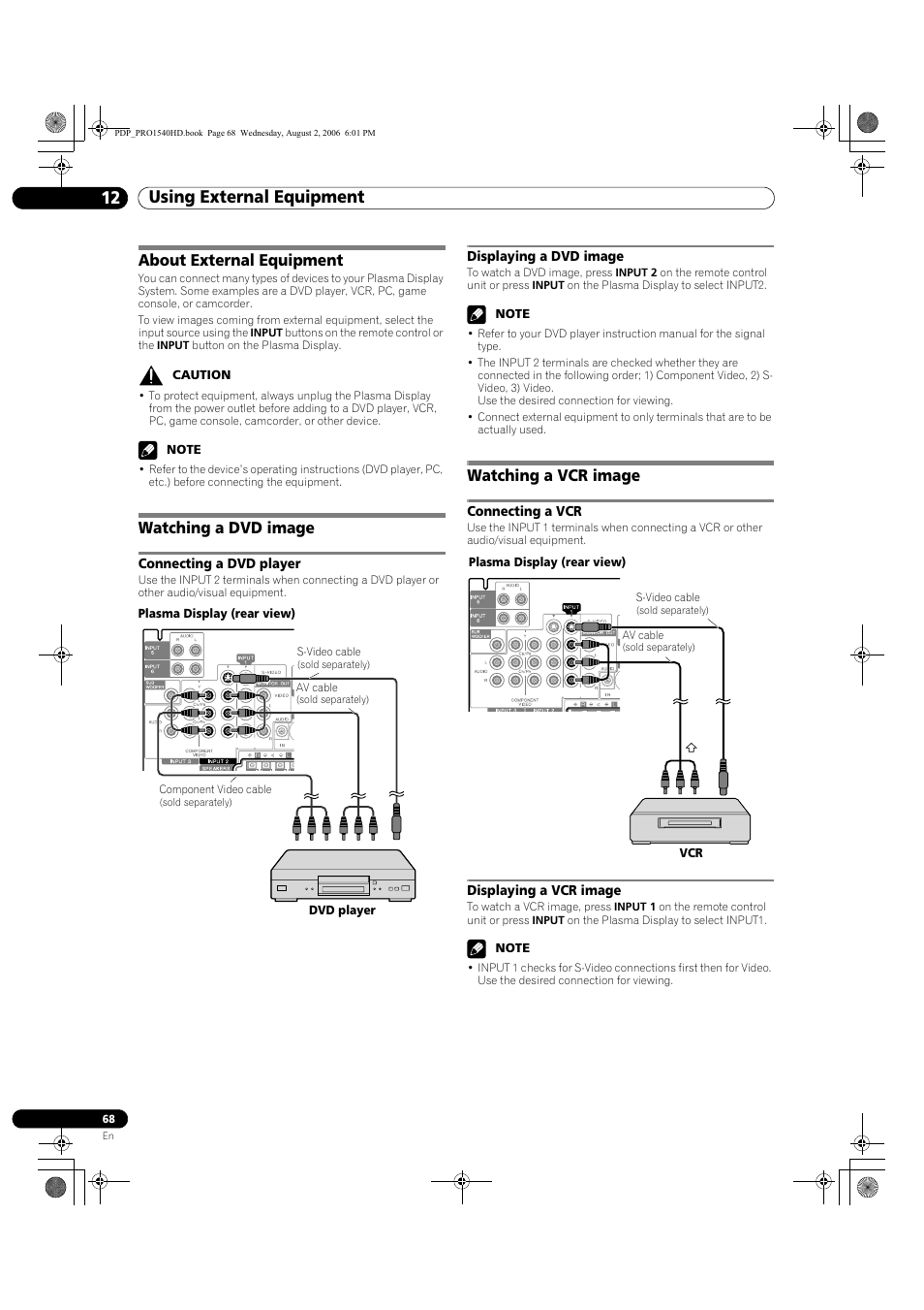12 using external equipment, About external equipment watching a dvd image, Connecting a dvd player displaying a dvd image | Watching a vcr image, Connecting a vcr displaying a vcr image, About external equipment, Watching a dvd image | Pioneer PRO-940HD User Manual | Page 68 / 120