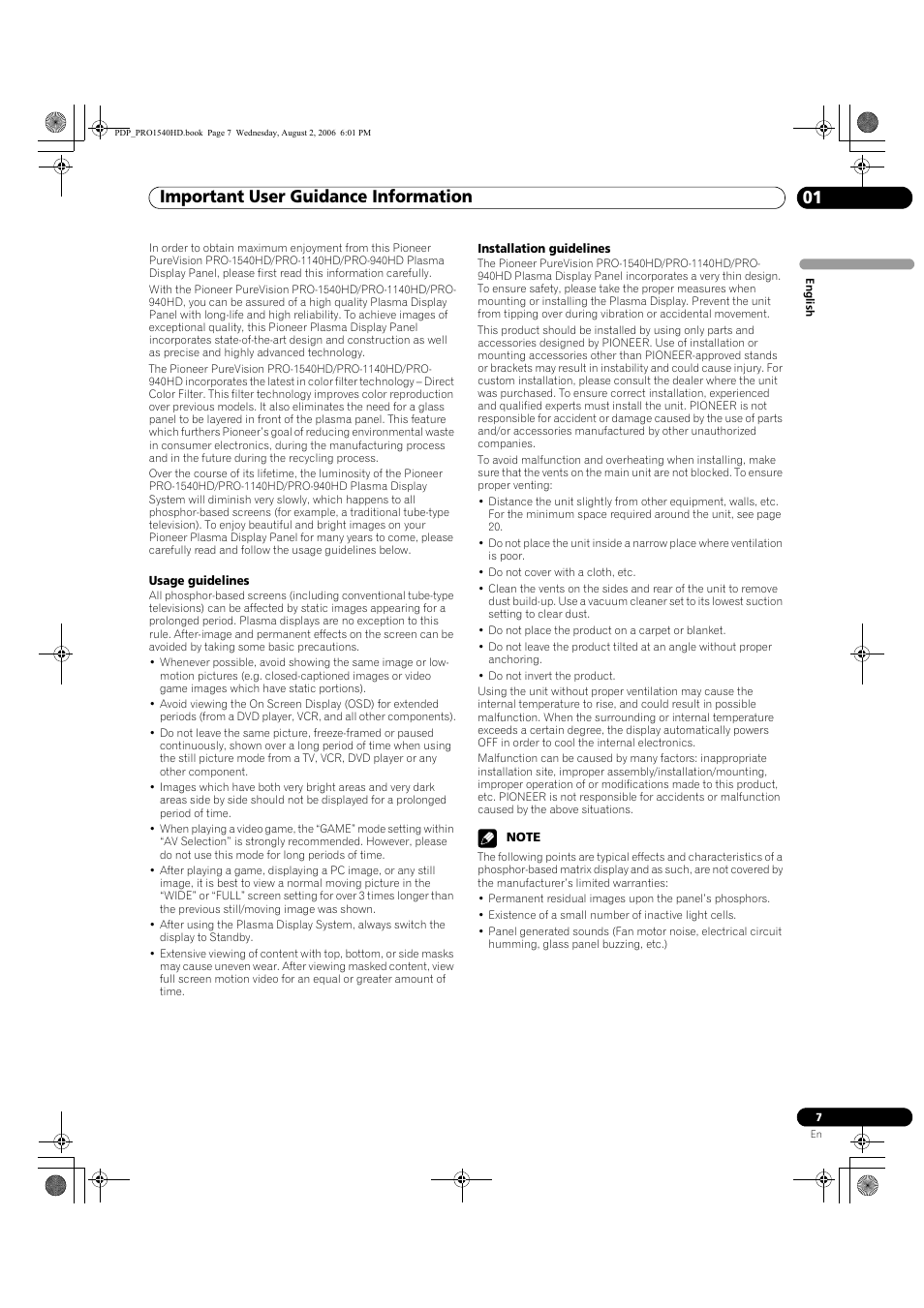 01 important user guidance information, Important user guidance information 01, Important user guidance information | Pioneer PRO-940HD User Manual | Page 7 / 120