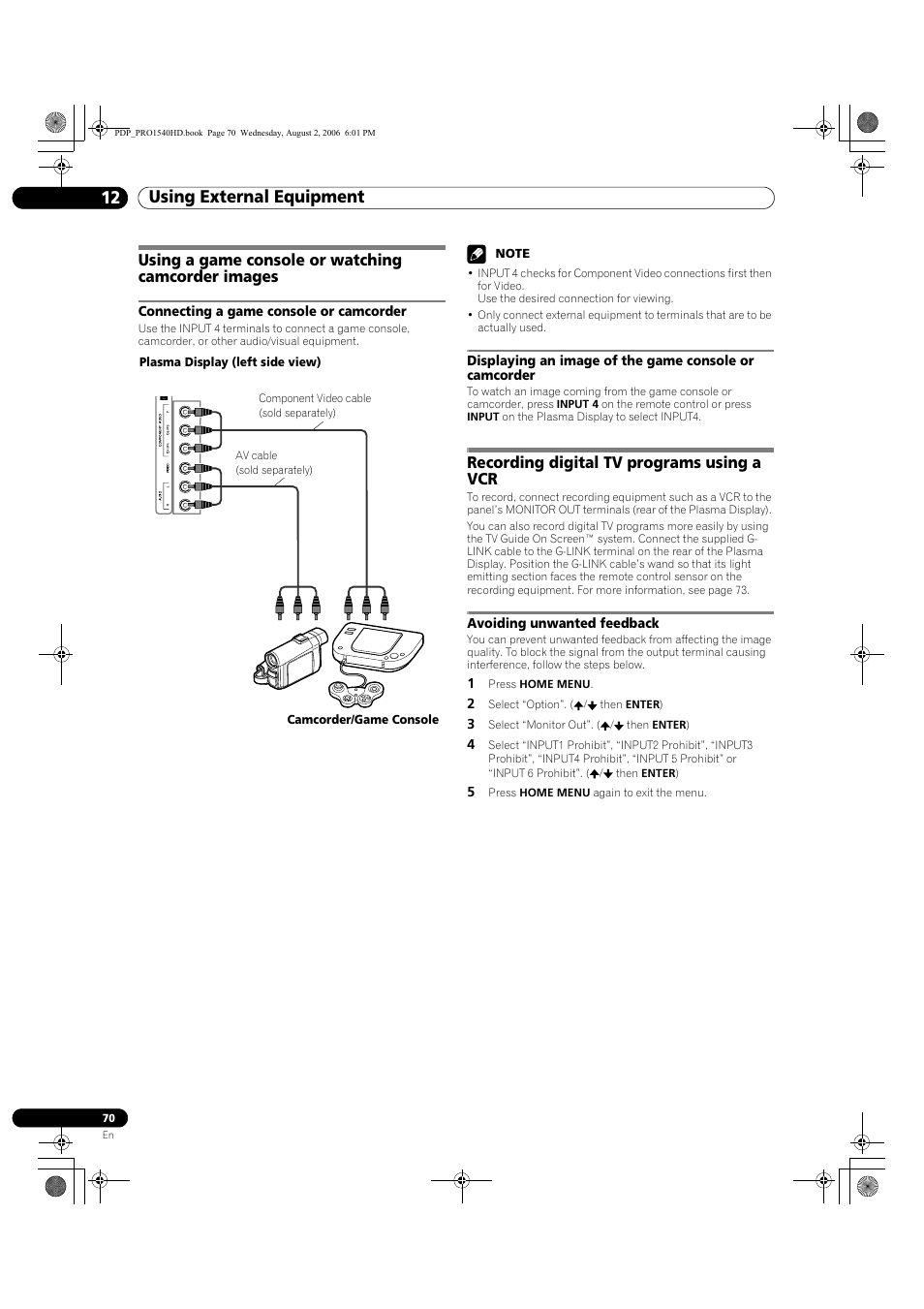 Using a game console or watching camcorder images, Recording digital tv programs using a vcr, Avoiding unwanted feedback | Using external equipment 12 | Pioneer PRO-940HD User Manual | Page 70 / 120