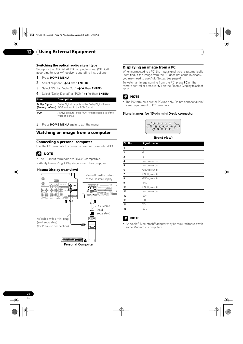 Watching an image from a computer, Using external equipment 12, Connecting a personal computer | Displaying an image from a pc | Pioneer PRO-940HD User Manual | Page 72 / 120