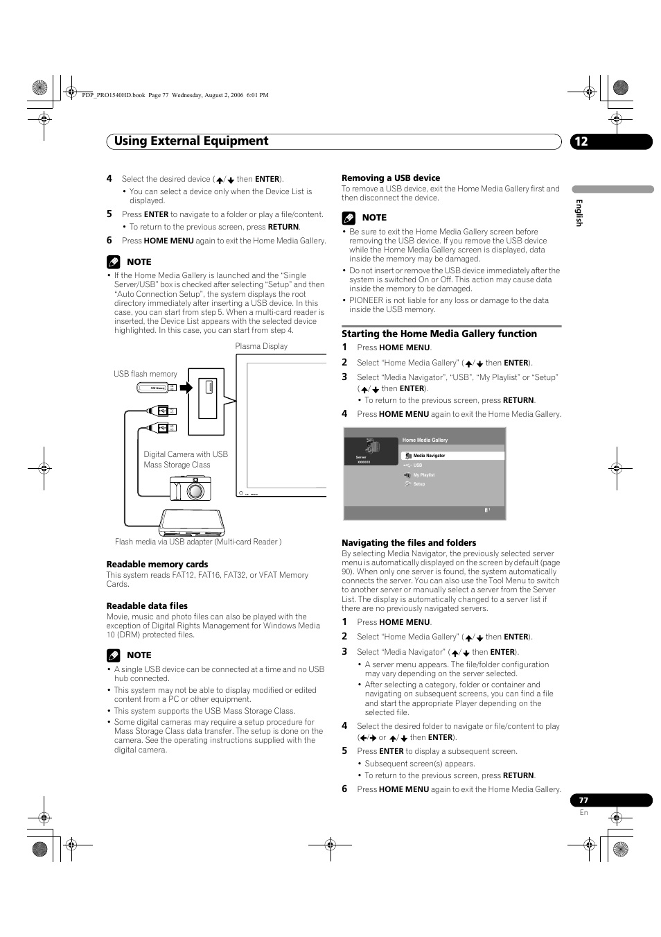 Starting the home media gallery function, Using external equipment 12 | Pioneer PRO-940HD User Manual | Page 77 / 120