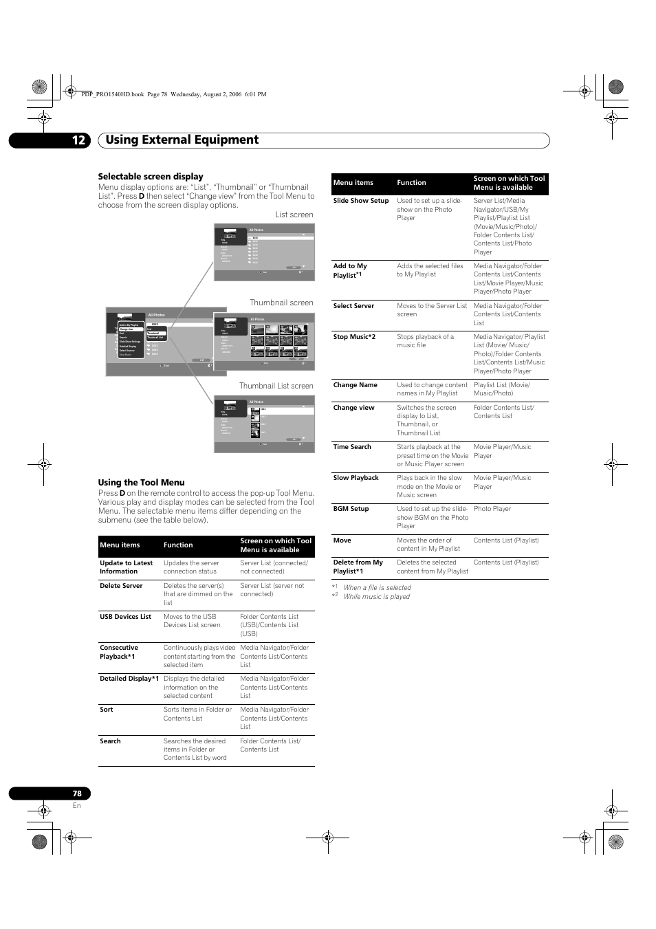 Using external equipment 12, Selectable screen display, Using the tool menu | List screen thumbnail screen thumbnail list screen, When a file is selected | Pioneer PRO-940HD User Manual | Page 78 / 120
