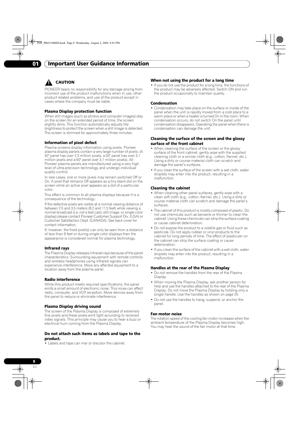 Important user guidance information 01 | Pioneer PRO-940HD User Manual | Page 8 / 120