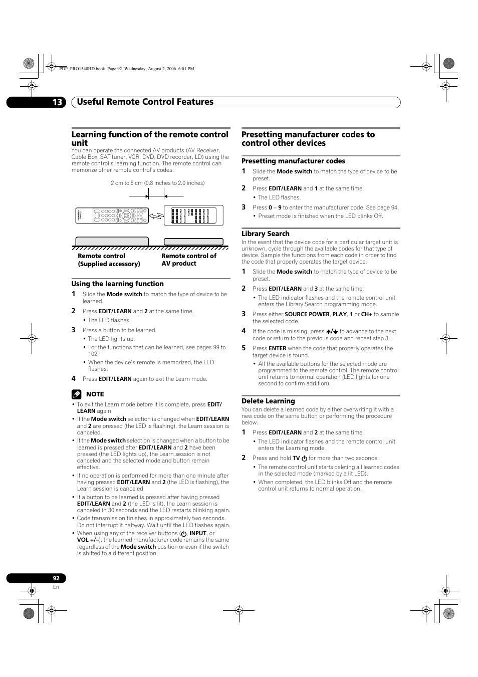 13 useful remote control features, Learning function of the remote control unit, Using the learning function | Pioneer PRO-940HD User Manual | Page 92 / 120