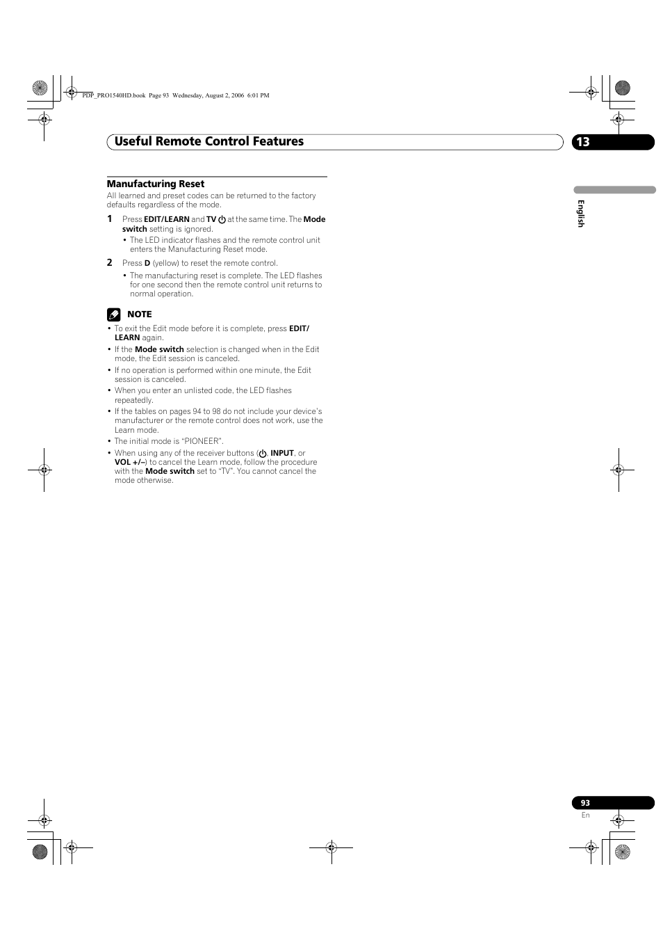 Manufacturing reset, Useful remote control features 13 | Pioneer PRO-940HD User Manual | Page 93 / 120