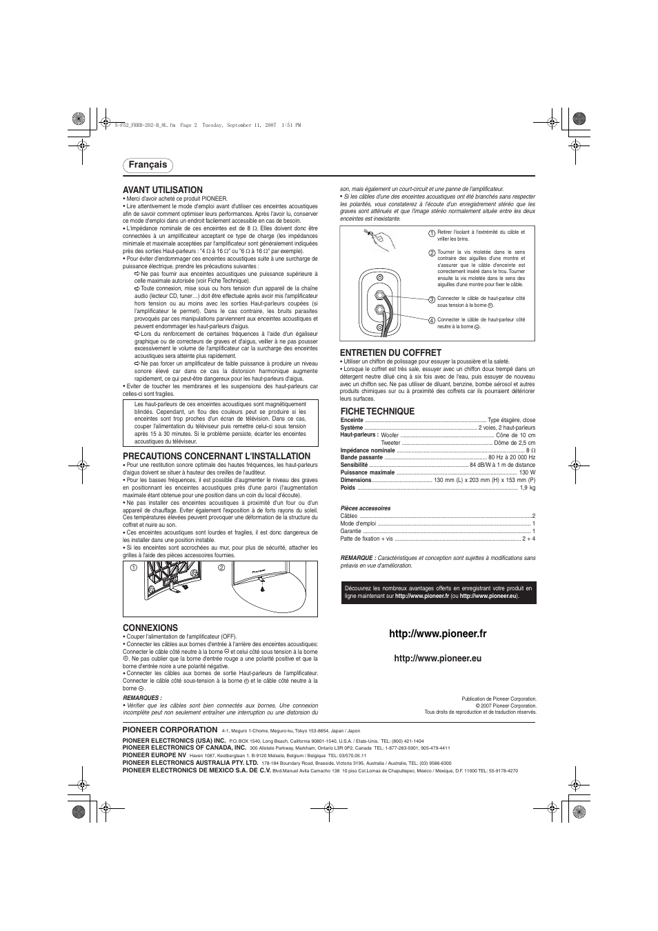 Français entretien du coffret, Avant utilisation, Precautions concernant l'installation | Connexions, Fiche technique | Pioneer S-F52-QL User Manual | Page 2 / 8
