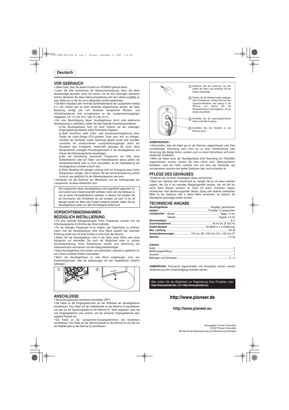 Deutsch vor gebrauch, Vorsichtsmassnahmen bezüglich installierung, Pflege des gehäuses | Anschlüsse, Technische angabe | Pioneer S-F52-QL User Manual | Page 3 / 8