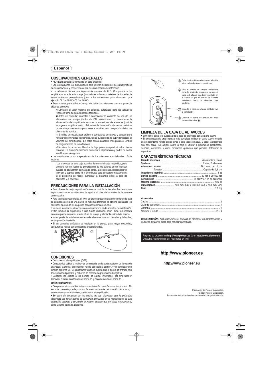 Español, Observaciones generales, Limpieza de la caja de altavoces | Precauciones para la installación, Conexiones, Características técnicas | Pioneer S-F52-QL User Manual | Page 5 / 8