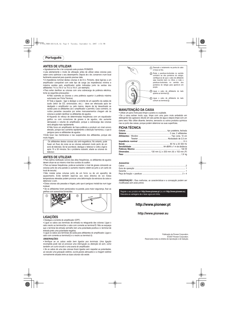 Português antes de utilizar, Antes de utilizar, Manutenção da caixa | Ligações, Ficha técnica | Pioneer S-F52-QL User Manual | Page 6 / 8