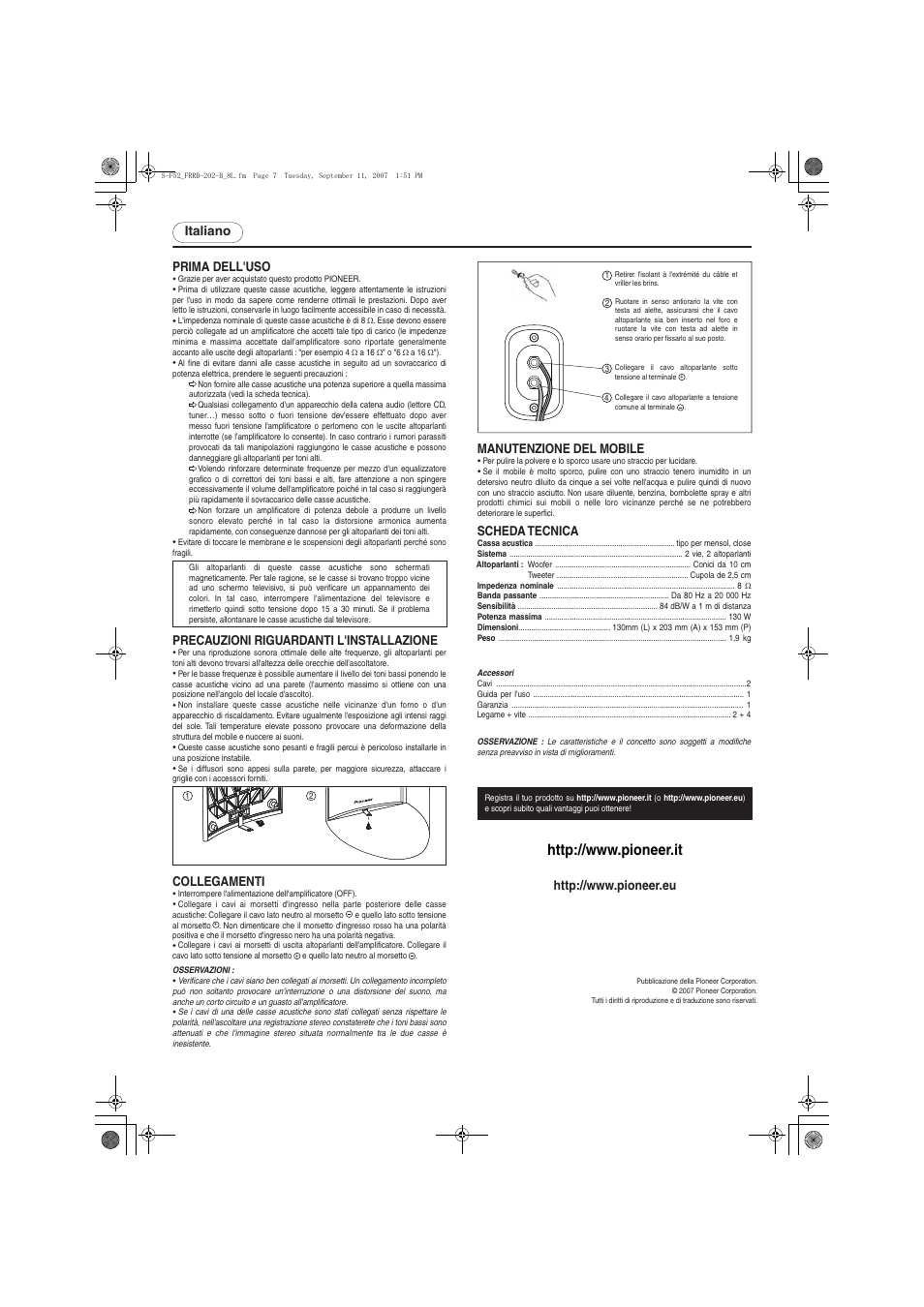 Italiano prima dell'uso, Manutenzione del mobile, Precauzioni riguardanti l'installazione | Collegamenti, Scheda tecnica | Pioneer S-F52-QL User Manual | Page 7 / 8