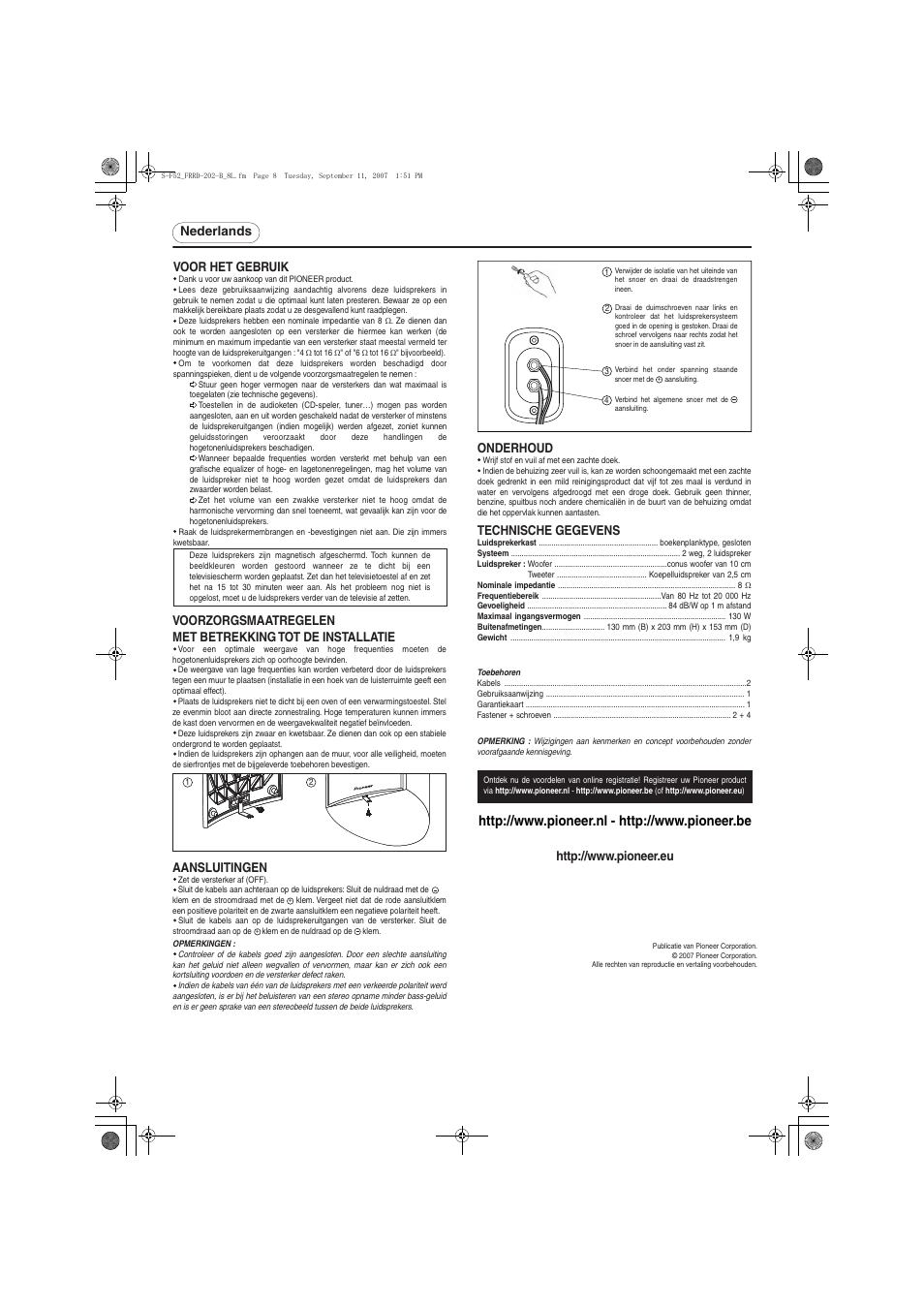 Nederlands voor het gebruik, Onderhoud, Aansluitingen | Technische gegevens | Pioneer S-F52-QL User Manual | Page 8 / 8