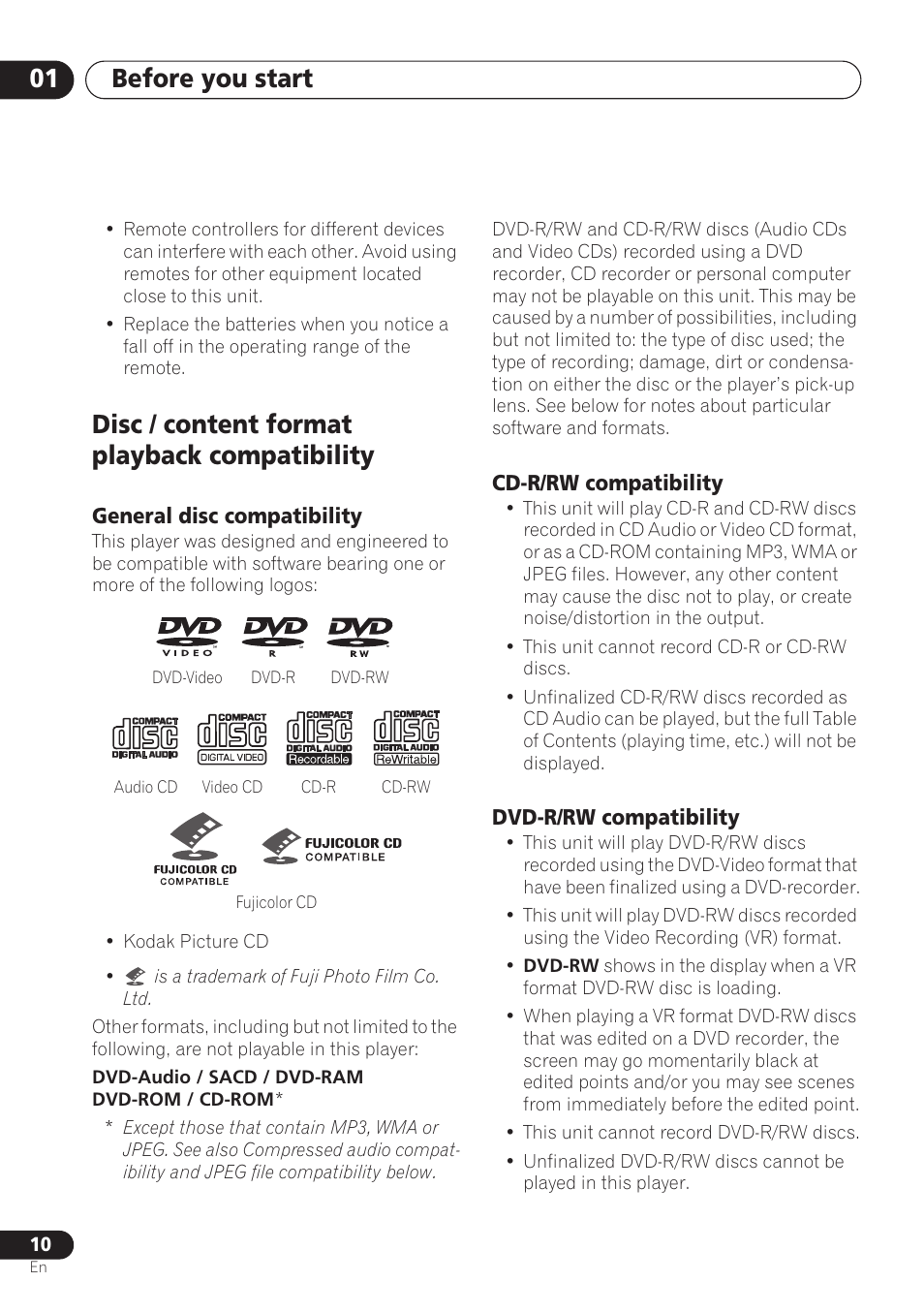 Disc / content format playback compatibility, General disc compatibility, Cd-r/rw compatibility | Dvd-r/rw compatibility, Before you start 01 | Pioneer DV-260 User Manual | Page 10 / 68