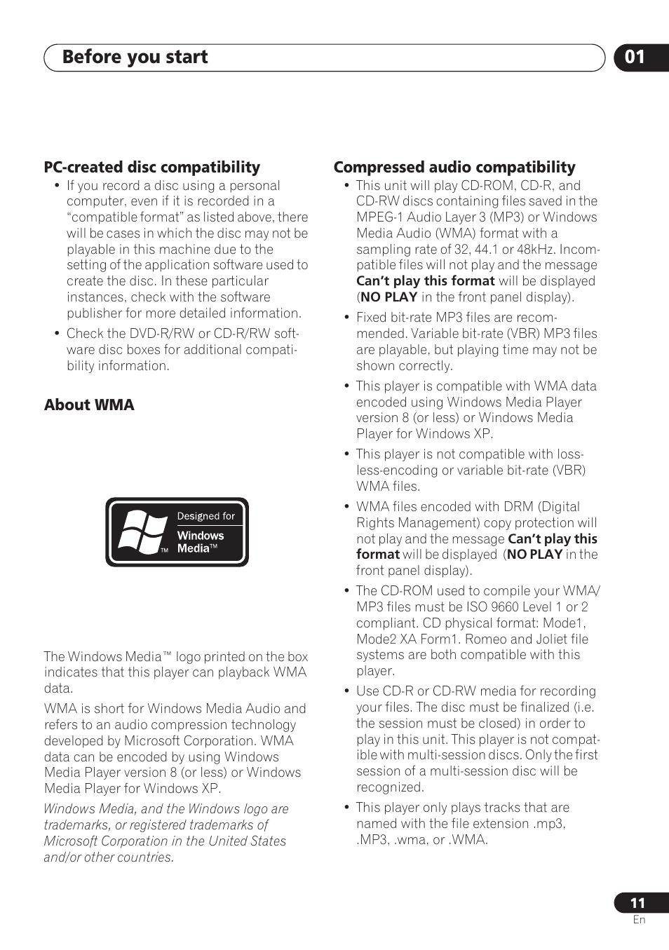 Pc-created disc compatibility, About wma, Compressed audio compatibility | Before you start 01 | Pioneer DV-260 User Manual | Page 11 / 68