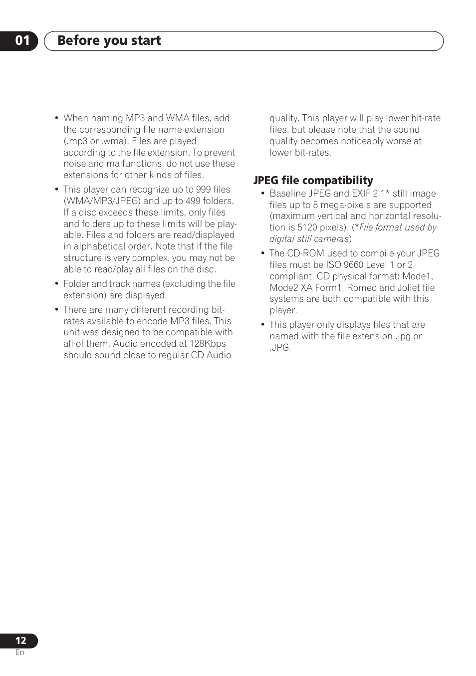 Jpeg file compatibility, Before you start 01 | Pioneer DV-260 User Manual | Page 12 / 68