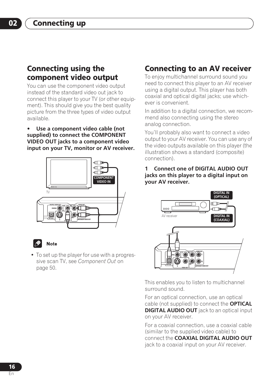 Connecting using the component video output, Connecting to an av receiver, Connecting up 02 | Pioneer DV-260 User Manual | Page 16 / 68