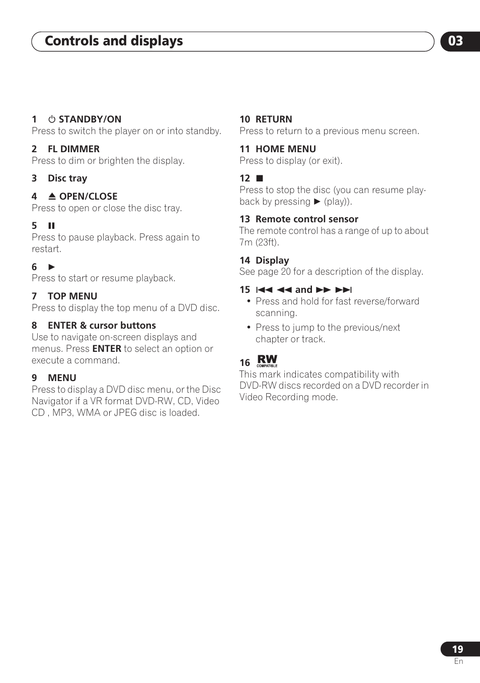 Controls and displays 03 | Pioneer DV-260 User Manual | Page 19 / 68