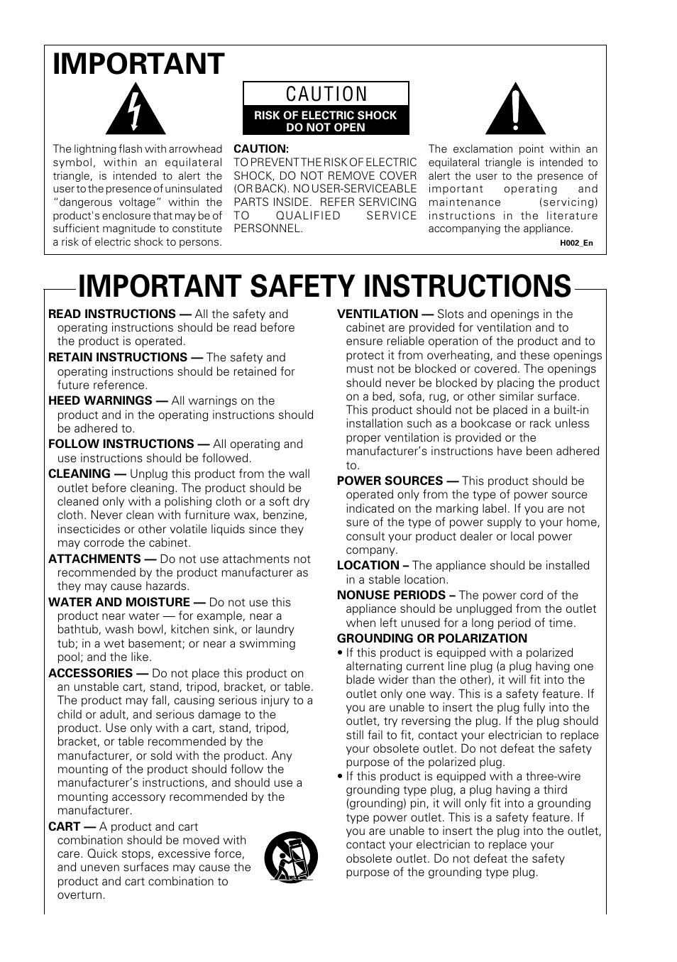 Important safety instructions, Important, Caution | Pioneer DV-260 User Manual | Page 2 / 68