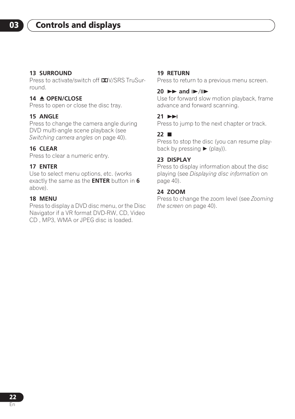 Controls and displays 03 | Pioneer DV-260 User Manual | Page 22 / 68