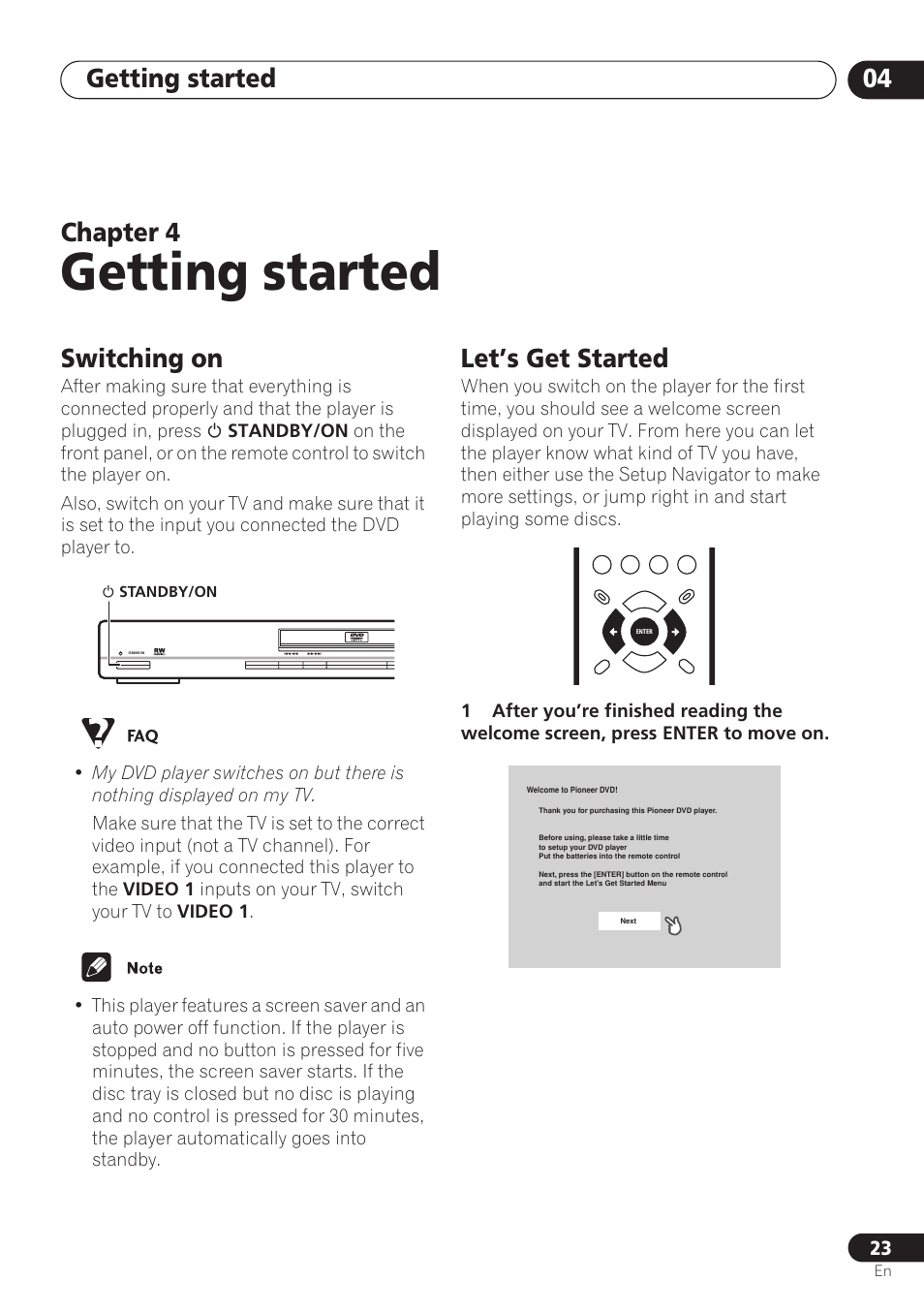 Switching on, Let’s get started, Getting started | Getting started 04, Chapter 4 | Pioneer DV-260 User Manual | Page 23 / 68