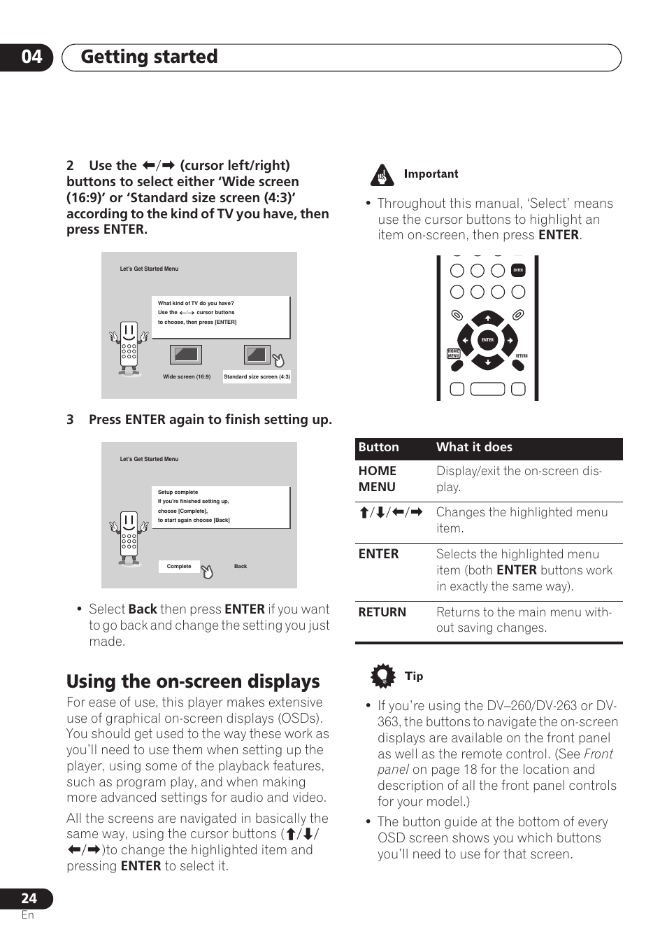 Using the on-screen displays, Getting started 04, Enter | Pioneer DV-260 User Manual | Page 24 / 68