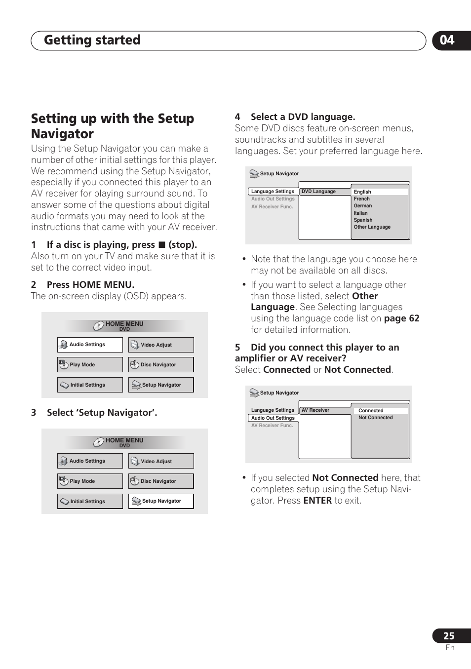 Setting up with the setup navigator, Getting started 04 | Pioneer DV-260 User Manual | Page 25 / 68