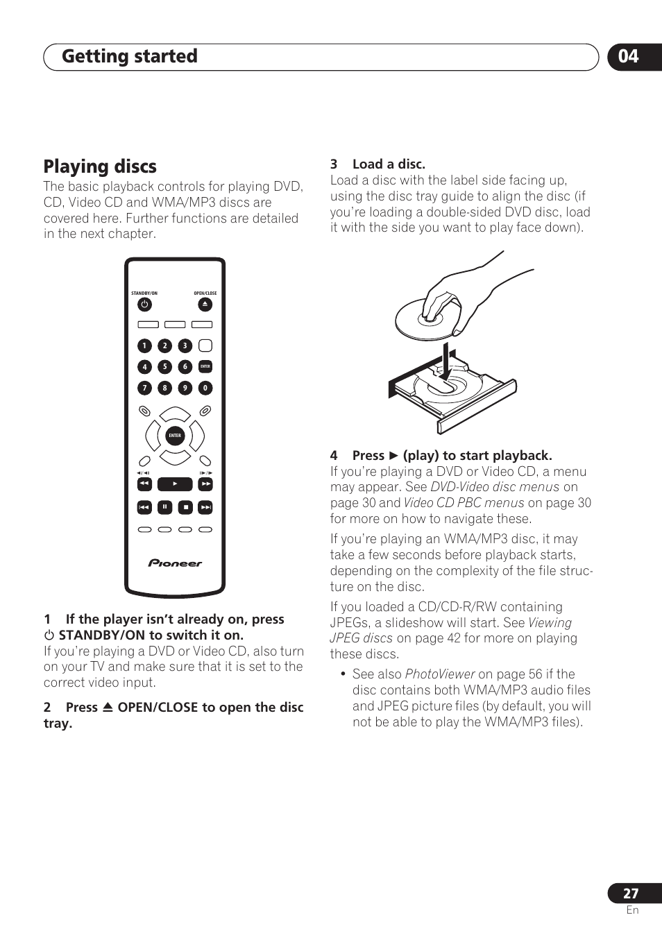 Playing discs, Getting started 04 | Pioneer DV-260 User Manual | Page 27 / 68