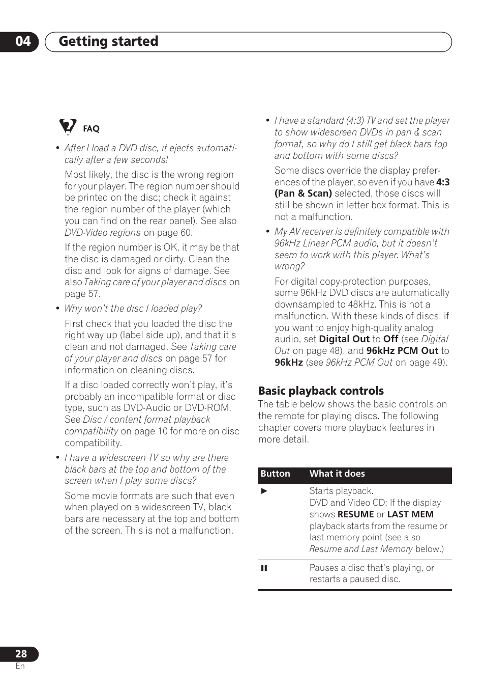 Basic playback controls, Getting started 04 | Pioneer DV-260 User Manual | Page 28 / 68