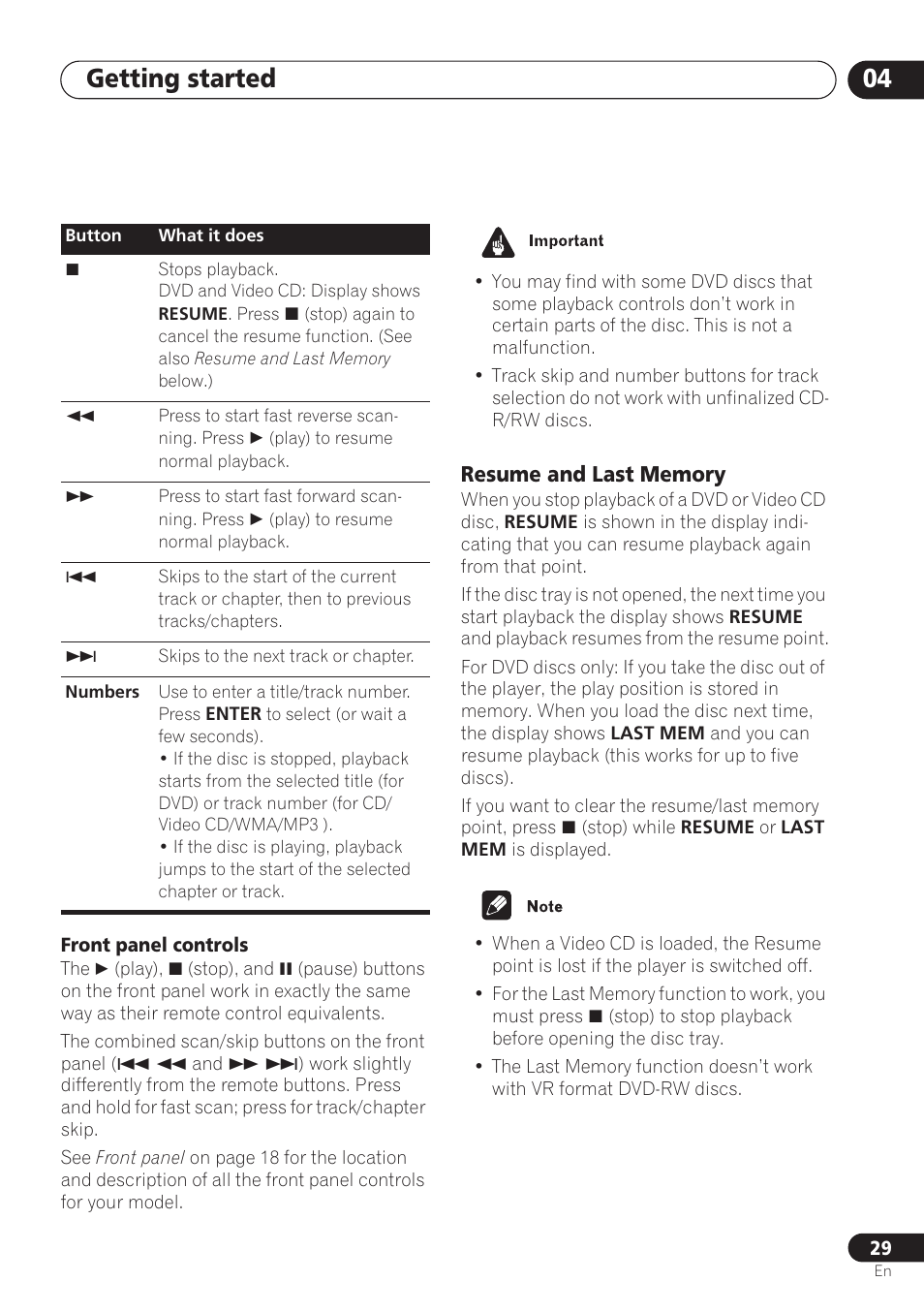 Resume and last memory, Getting started 04 | Pioneer DV-260 User Manual | Page 29 / 68