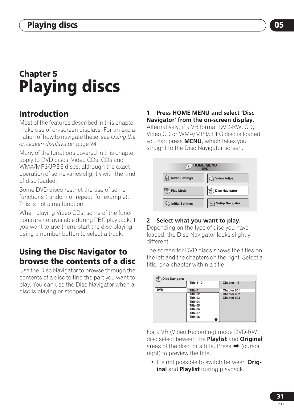Introduction, Playing discs, Playing discs 05 | Chapter 5 | Pioneer DV-260 User Manual | Page 31 / 68