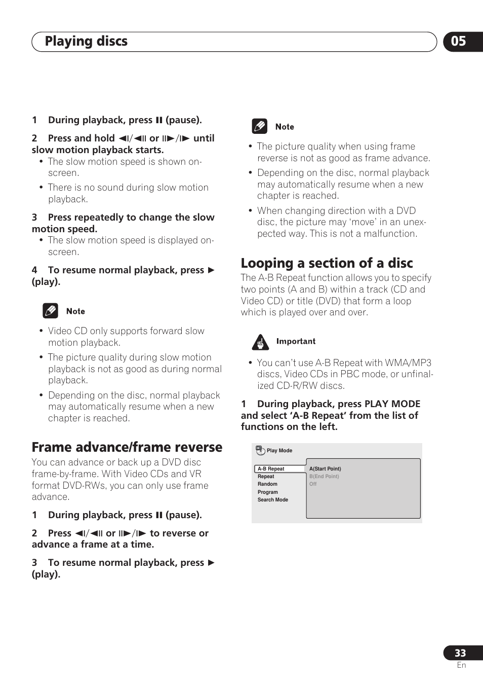Frame advance/frame reverse, Looping a section of a disc, Playing discs 05 | Pioneer DV-260 User Manual | Page 33 / 68