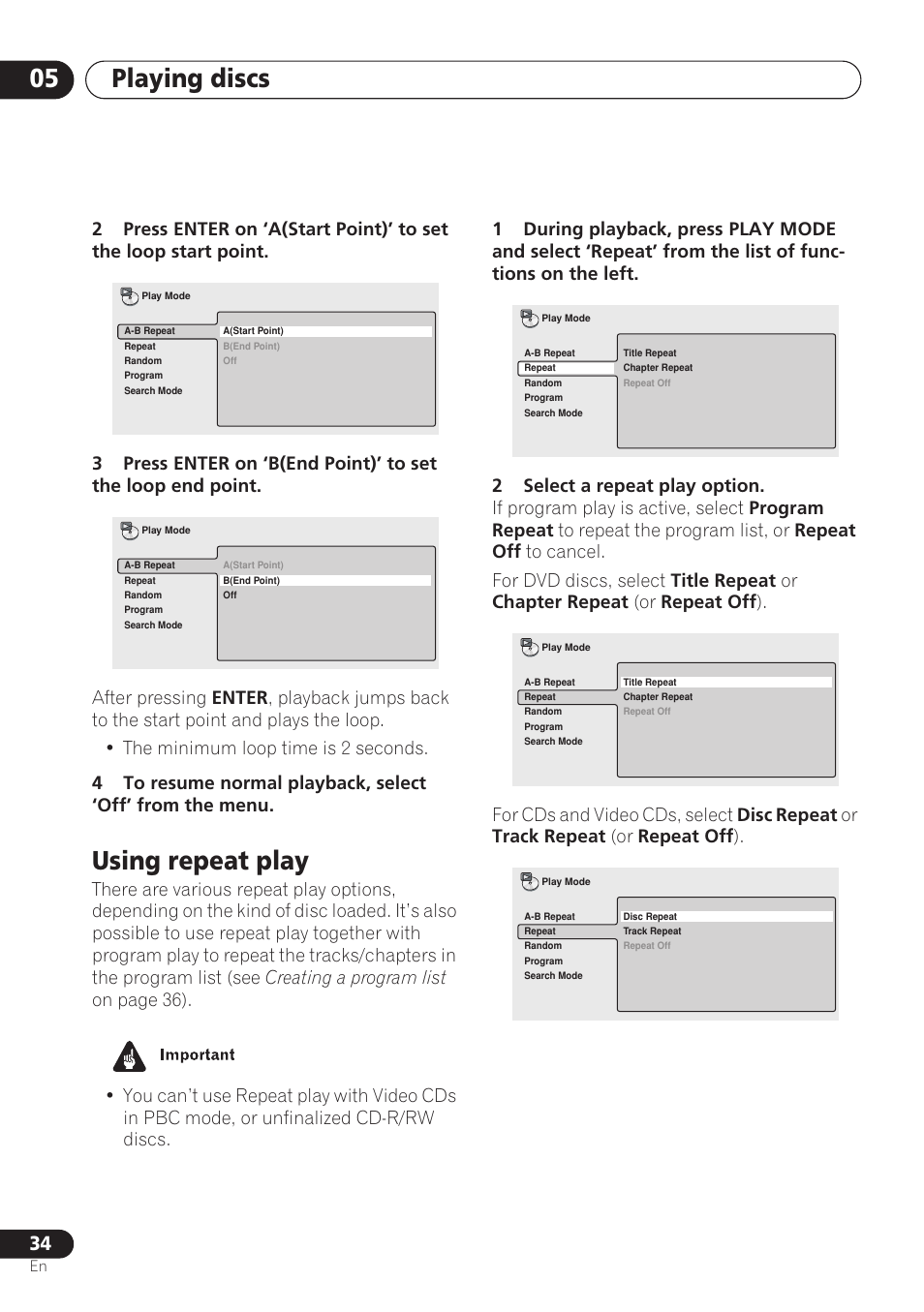 Using repeat play, Playing discs 05 | Pioneer DV-260 User Manual | Page 34 / 68
