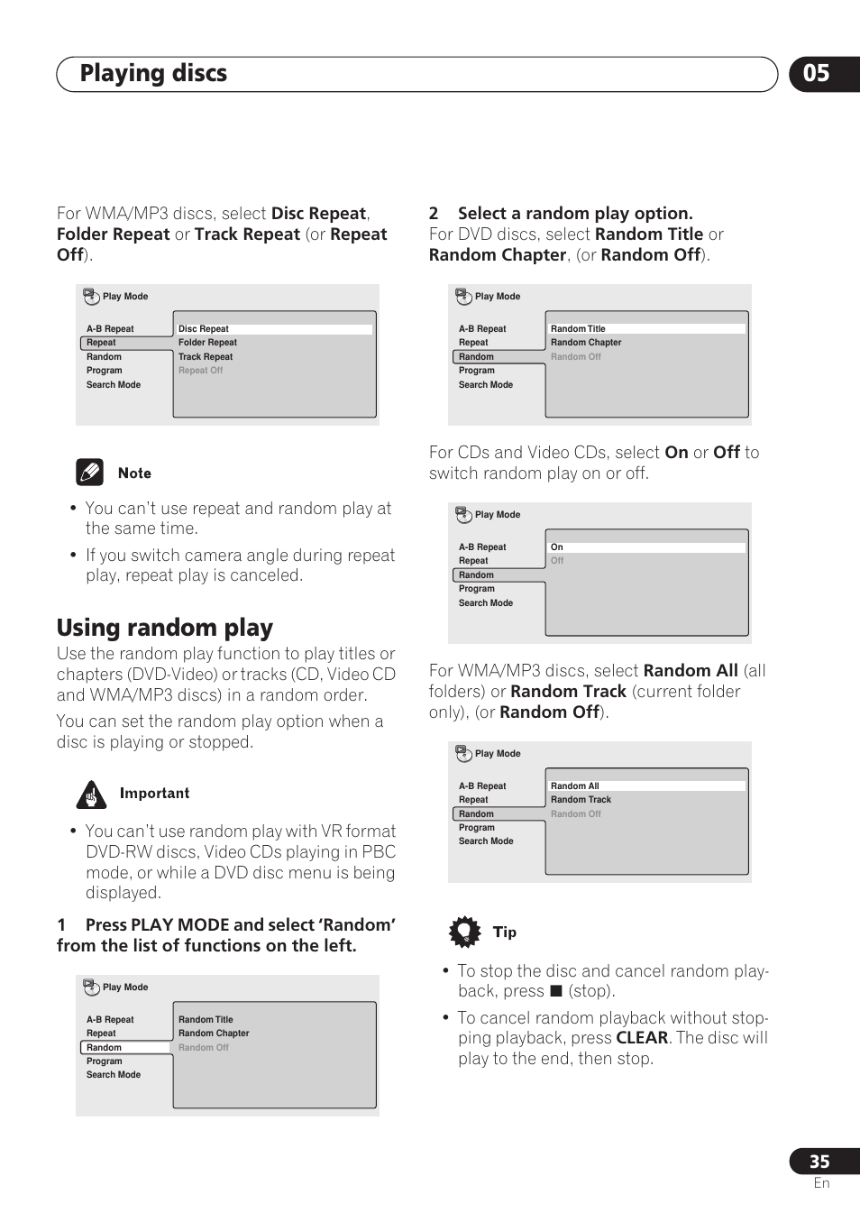 Using random play, Playing discs 05 | Pioneer DV-260 User Manual | Page 35 / 68