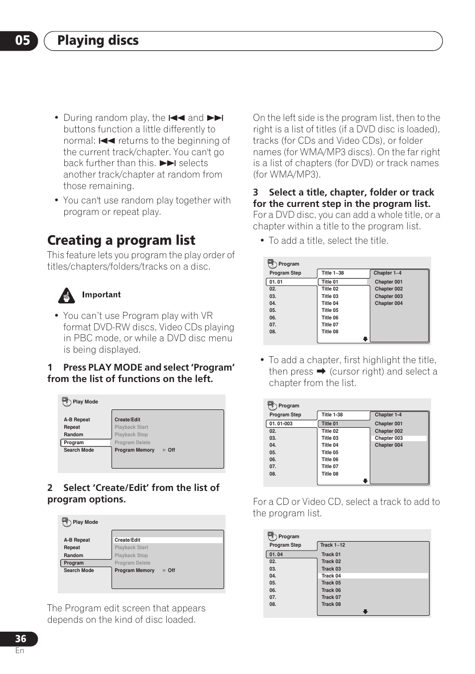 Creating a program list, Playing discs 05 | Pioneer DV-260 User Manual | Page 36 / 68