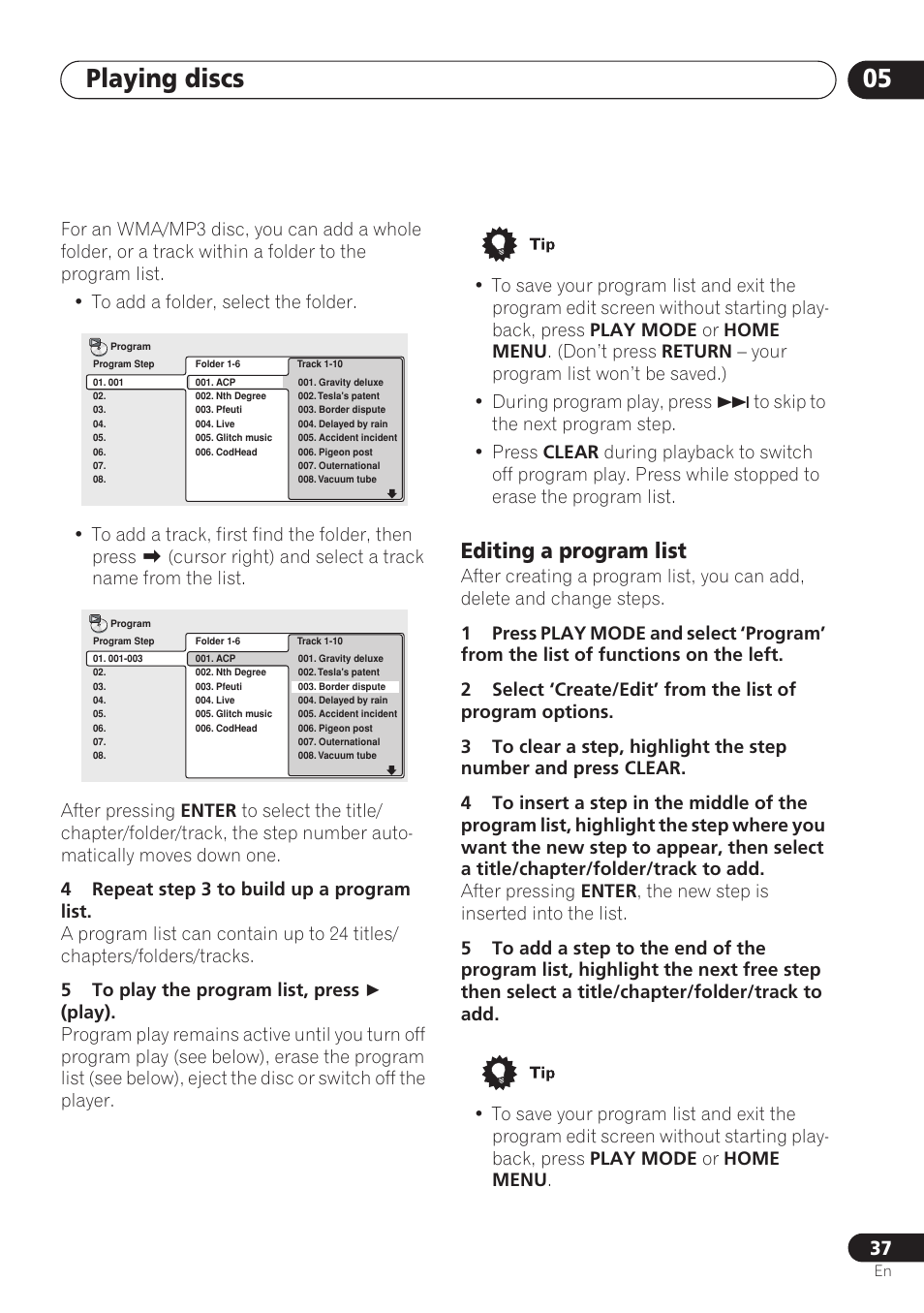 Editing a program list, Playing discs 05 | Pioneer DV-260 User Manual | Page 37 / 68