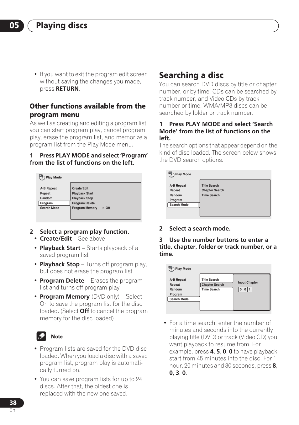 Other functions available from the program menu, Searching a disc, Playing discs 05 | Pioneer DV-260 User Manual | Page 38 / 68