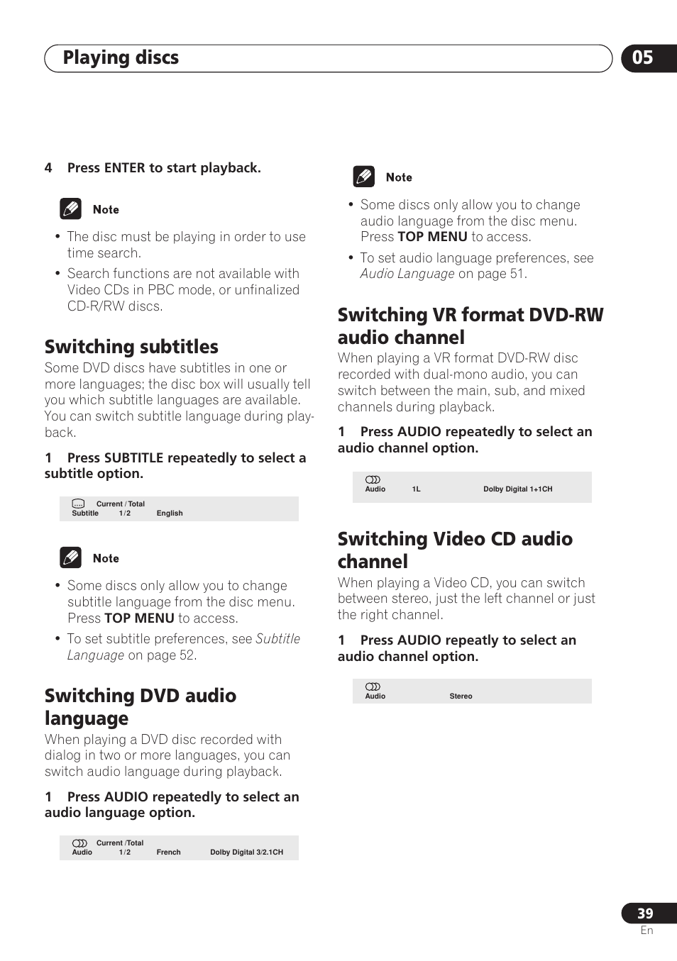 Switching subtitles, Switching dvd audio language, Switching vr format dvd-rw audio channel | Switching video cd audio channel, Playing discs 05 | Pioneer DV-260 User Manual | Page 39 / 68