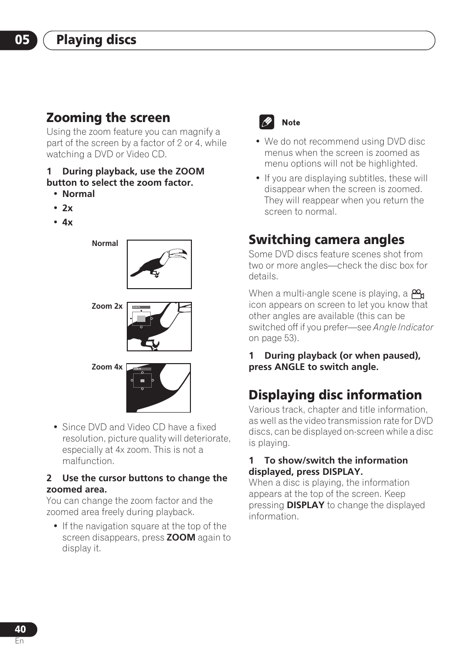 Zooming the screen, Switching camera angles, Displaying disc information | Playing discs 05 | Pioneer DV-260 User Manual | Page 40 / 68
