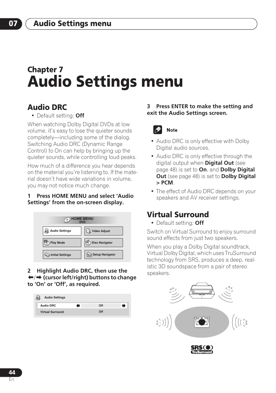 Audio drc, Virtual surround, Audio settings menu | Audio settings menu 07, Chapter 7 | Pioneer DV-260 User Manual | Page 44 / 68