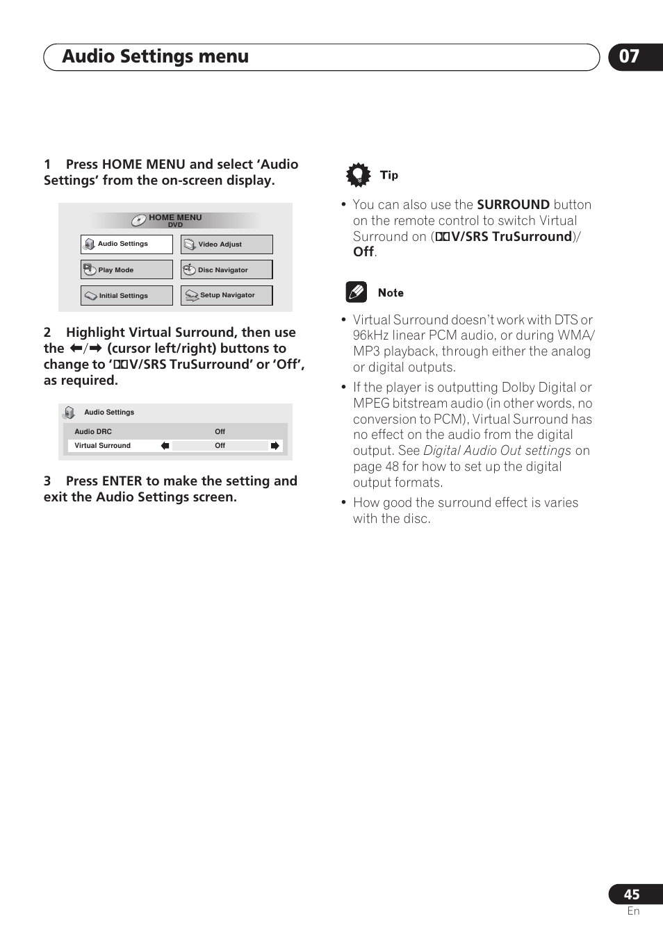 Audio settings menu 07 | Pioneer DV-260 User Manual | Page 45 / 68