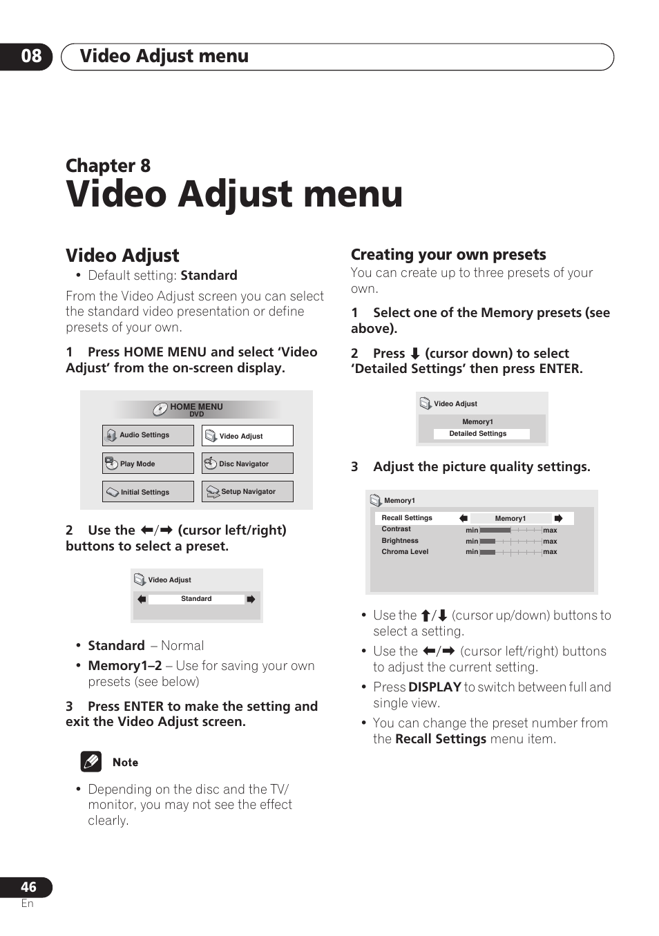 Video adjust, Creating your own presets, Video adjust menu | Video adjust menu 08, Chapter 8 | Pioneer DV-260 User Manual | Page 46 / 68
