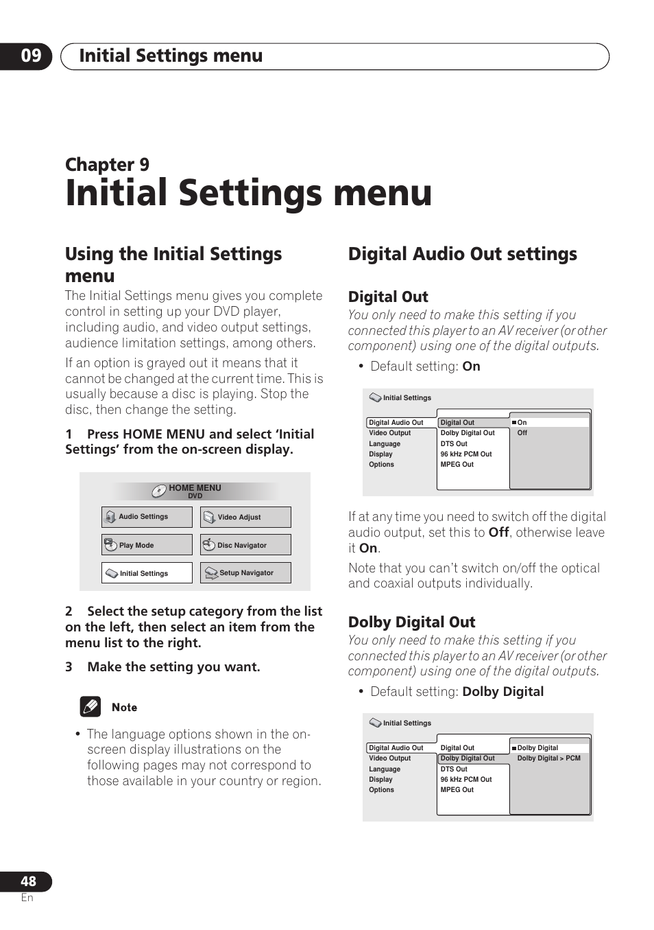 Using the initial settings menu, Digital audio out settings, Digital out | Dolby digital out, Initial settings menu, Initial settings menu 09, Chapter 9 | Pioneer DV-260 User Manual | Page 48 / 68
