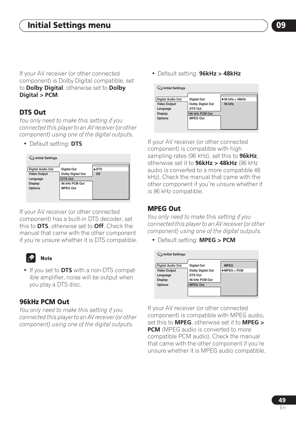 Dts out, 96khz pcm out, Mpeg out | Initial settings menu 09 | Pioneer DV-260 User Manual | Page 49 / 68