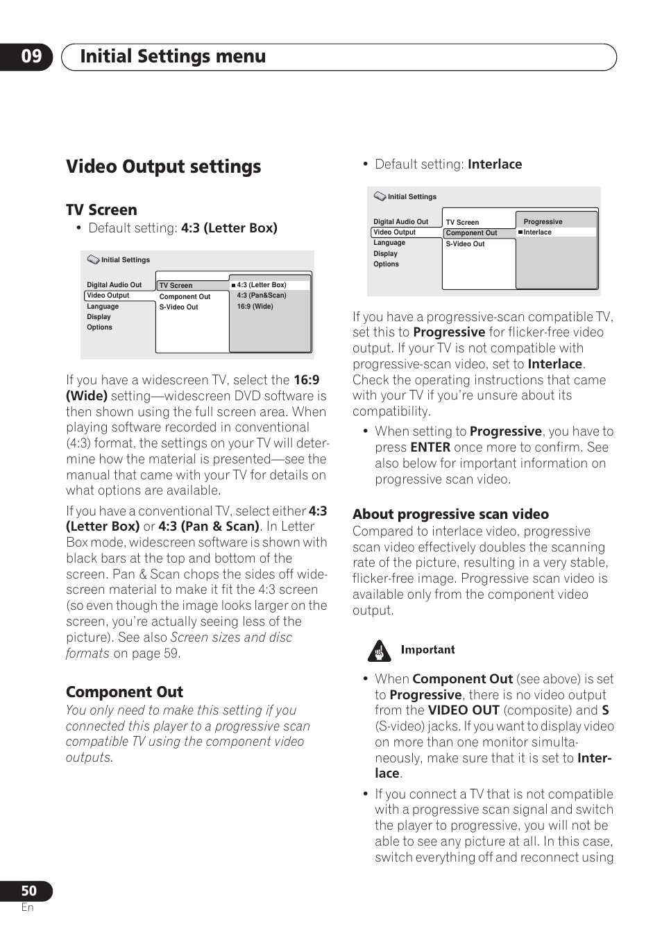 Video output settings, Tv screen, Component out | Initial settings menu 09, About progressive scan video | Pioneer DV-260 User Manual | Page 50 / 68