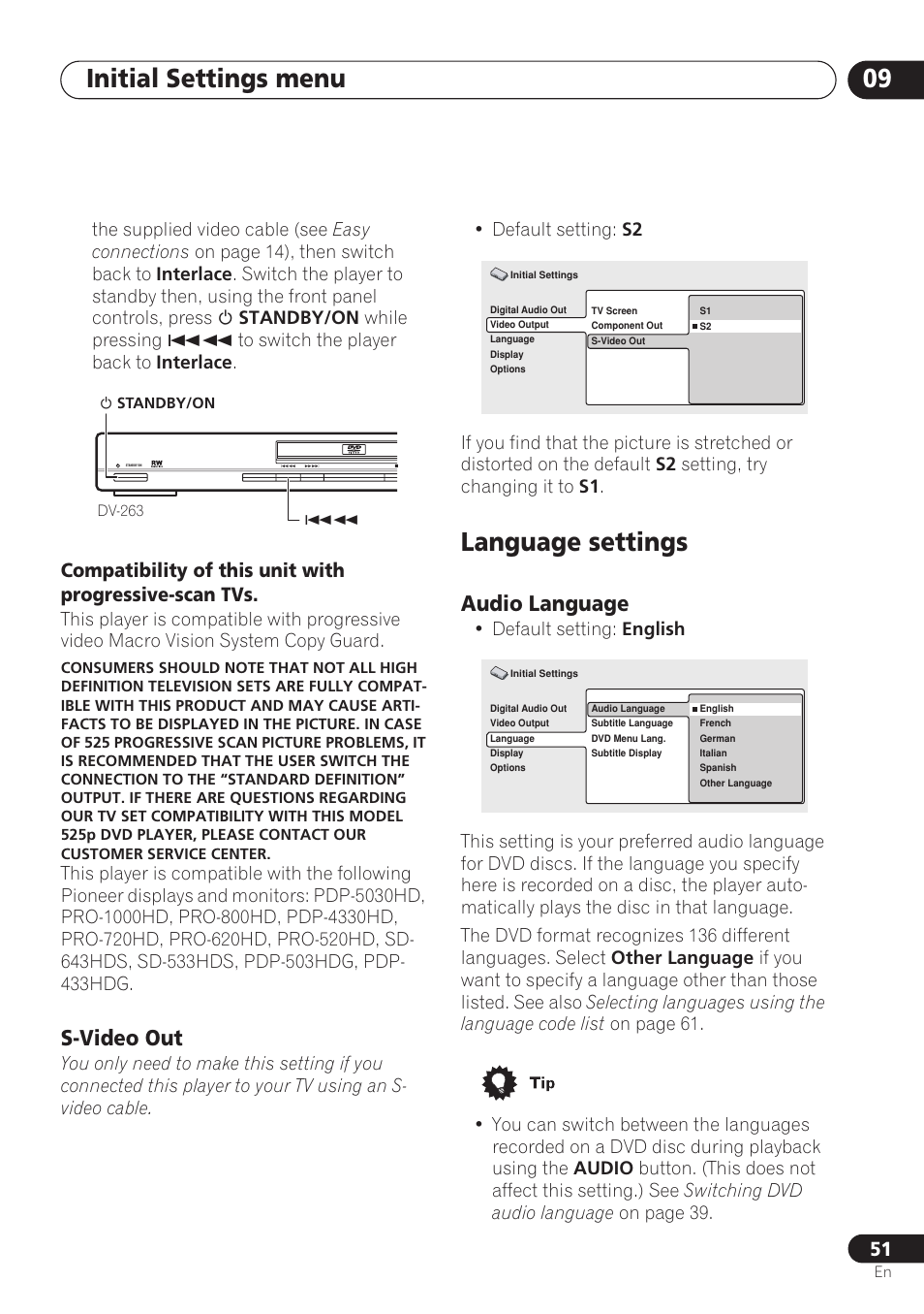 S-video out, Language settings, Audio language | Initial settings menu 09 | Pioneer DV-260 User Manual | Page 51 / 68