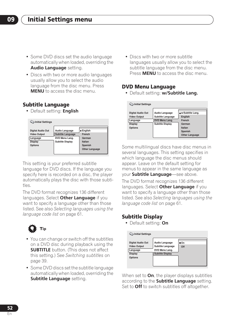Subtitle language, Dvd menu language, Subtitle display | Initial settings menu 09 | Pioneer DV-260 User Manual | Page 52 / 68