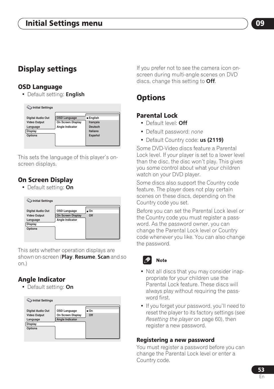 Display settings, Osd language, On screen display | Angle indicator, Options, Parental lock, Initial settings menu 09, Registering a new password | Pioneer DV-260 User Manual | Page 53 / 68