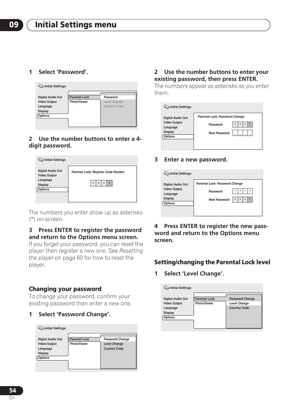 Initial settings menu 09, Changing your password, Setting/changing the parental lock level | 1select ‘level change | Pioneer DV-260 User Manual | Page 54 / 68