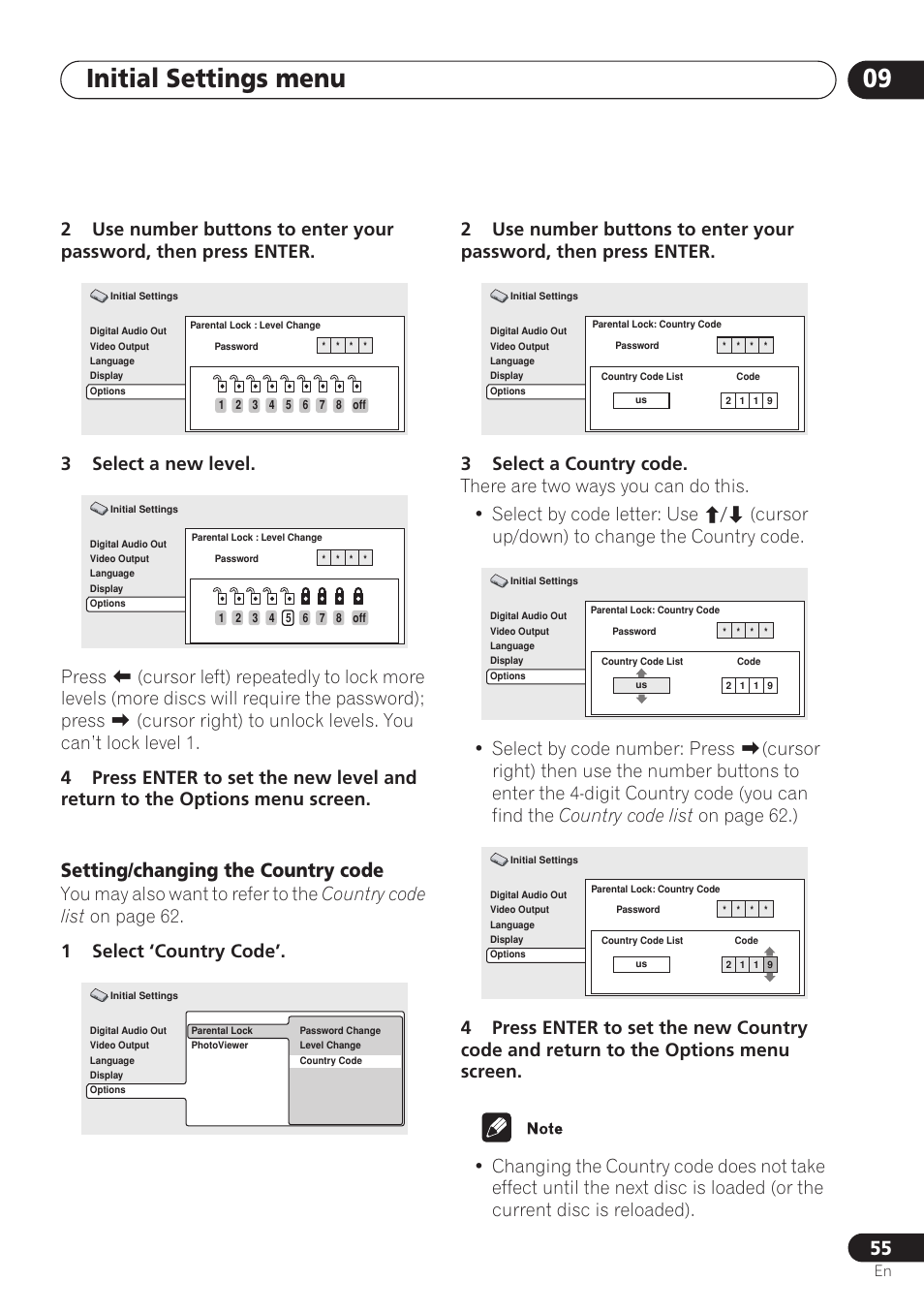 Initial settings menu 09, Setting/changing the country code | Pioneer DV-260 User Manual | Page 55 / 68