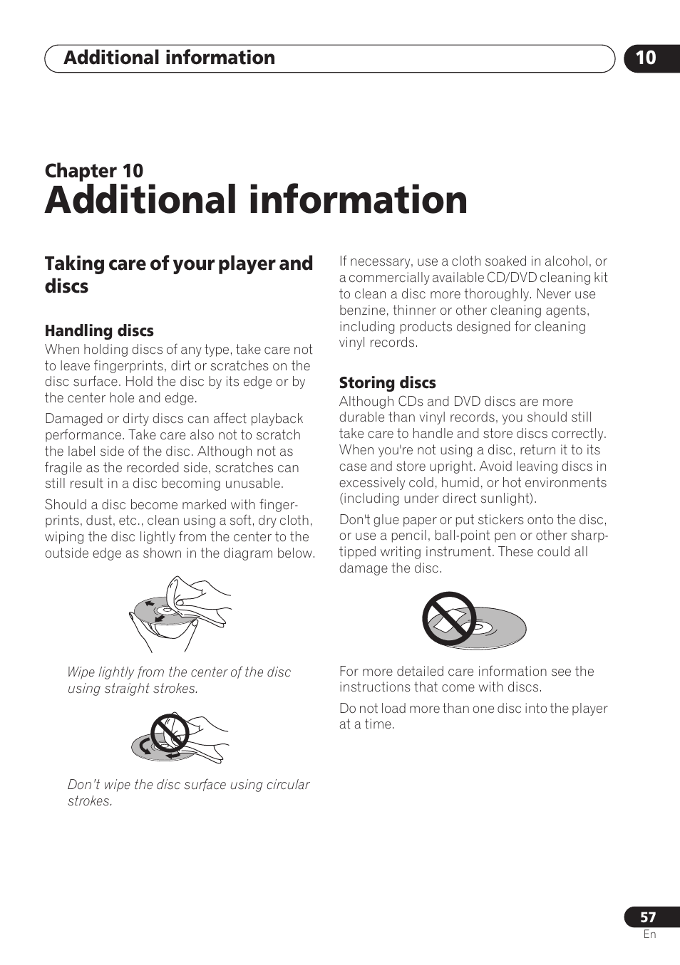 Taking care of your player and discs, Handling discs, Storing discs | Additional information, Additional information 10, Chapter 10 | Pioneer DV-260 User Manual | Page 57 / 68